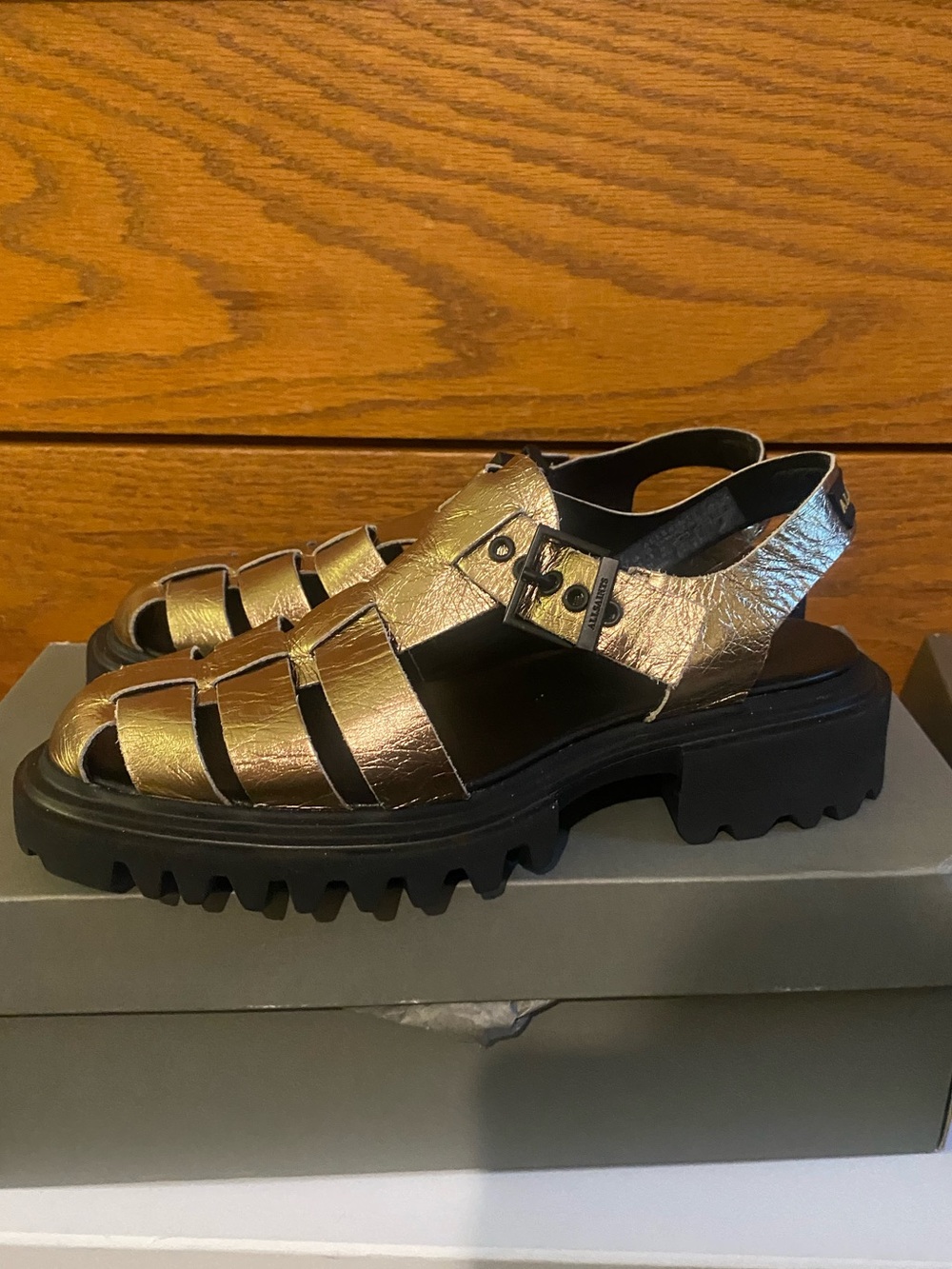 AllSaints Nessa Metallic Gold Strap Sandal with Black Platform Sz 8